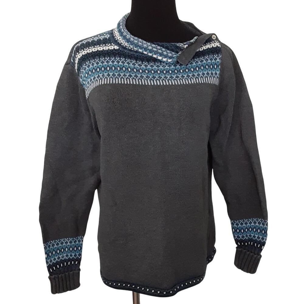 Vintage 80s Funnel Neck Sweater Nordic Fair Isle Wool Blend Sweater Gray Women L